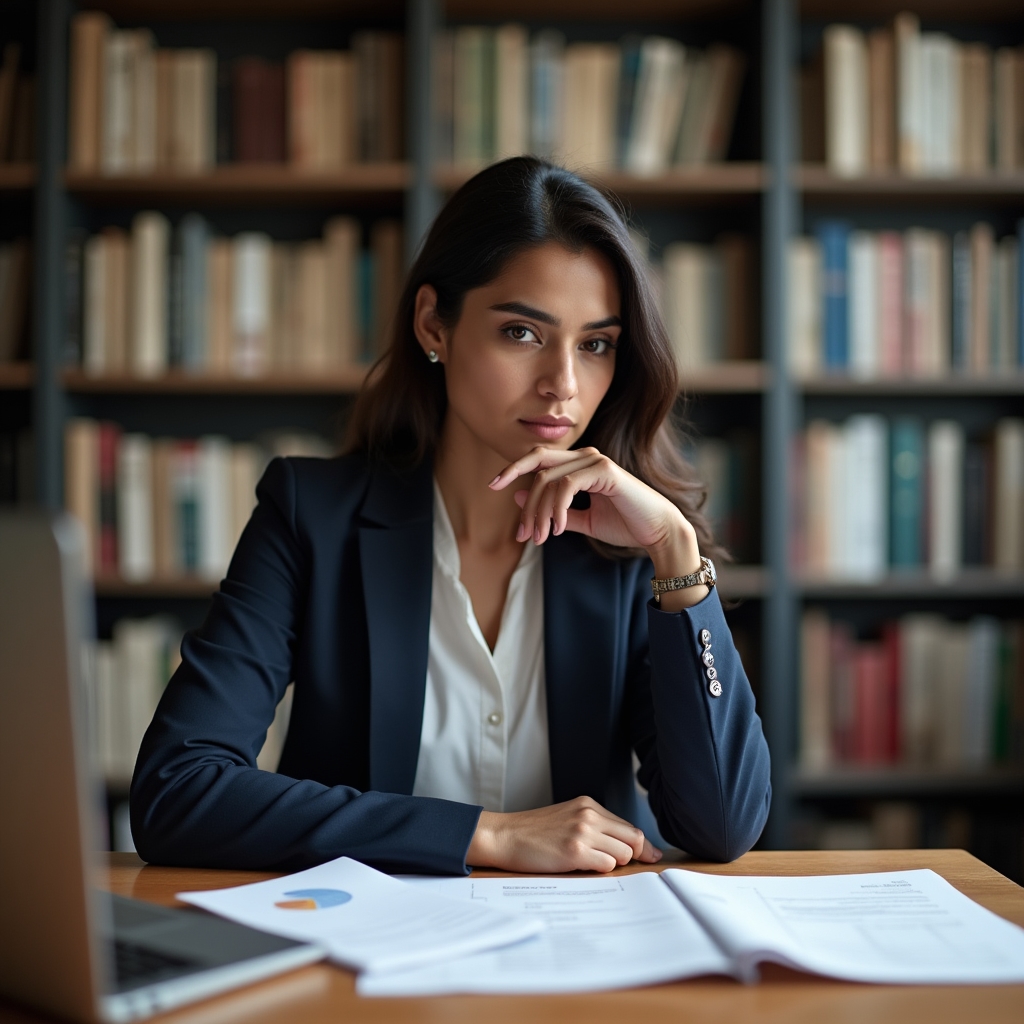 Person sitting at desk with financial documents, looking thoughtful and contemplative