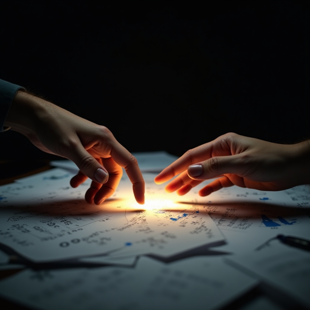 Abstract visual of two hands almost touching across a table covered in financial documents, representing the gap between intention and action, moody studio lighting