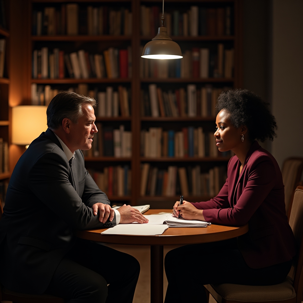 Two professionals in a focused one-on-one conversation at a clean modern desk with warm ambient light