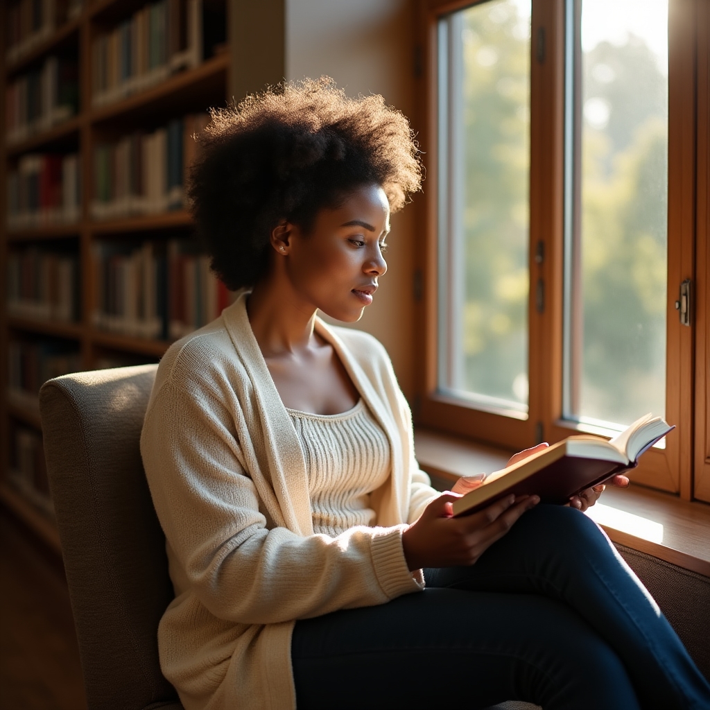 Woman in her 30s sitting by a window in a library, reading behavioral finance book with warm afternoon light streaming in