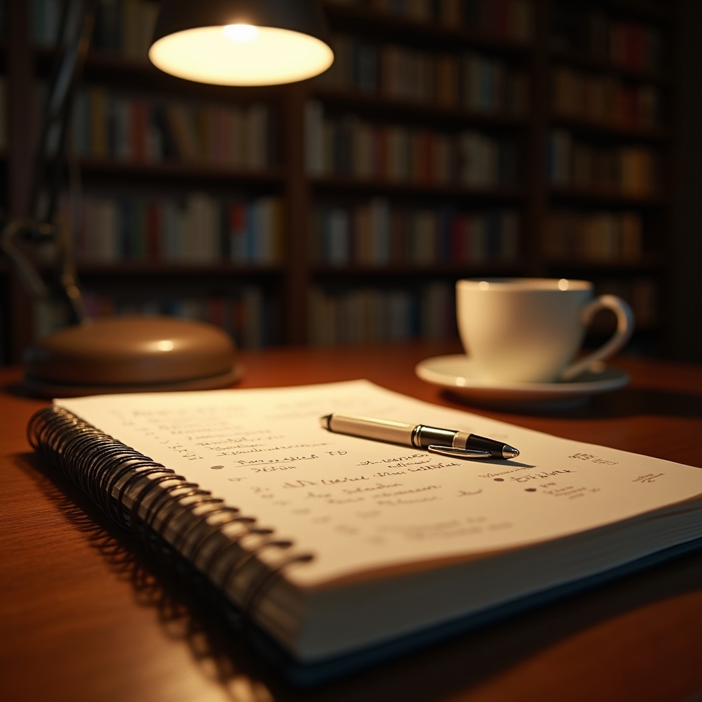 Open notebook with behavioral finance notes and diagrams on wooden desk with soft lighting