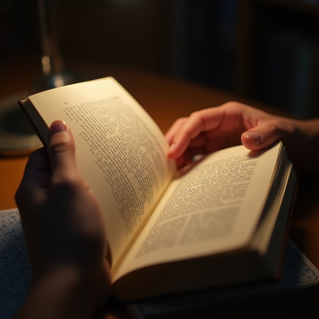 Close-up of a person's hands holding an open book with underlined passages, sitting at a university library table, shallow depth of field, warm desk lamp light