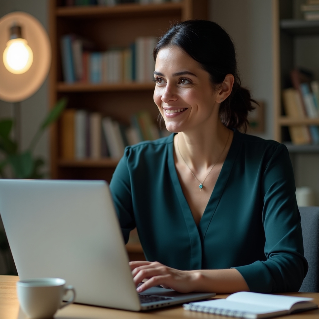 Professional woman in her late 30s on a video call, laptop open on clean desk, focused expression, home office with bookshelves visible in background